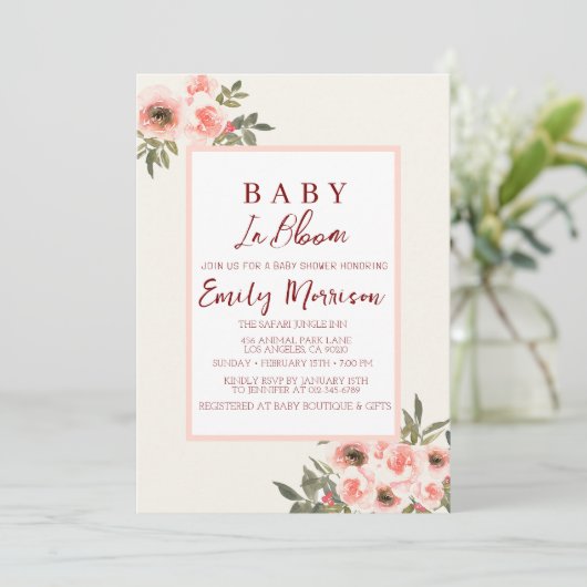 Baby in bloei en rode rozen I Baby shower Kaart (Staand voorkant)