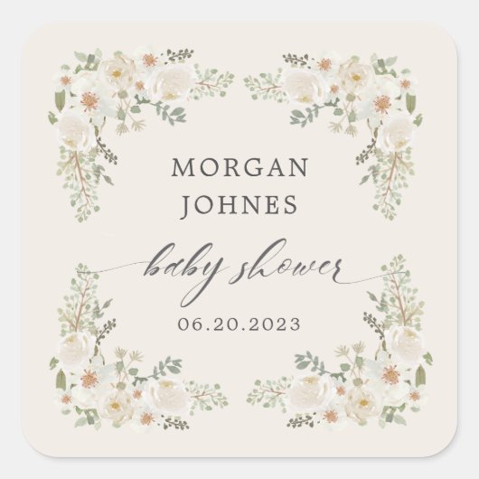 baby in bloei ivoor floreel baby shower vierkante sticker (Voorkant)