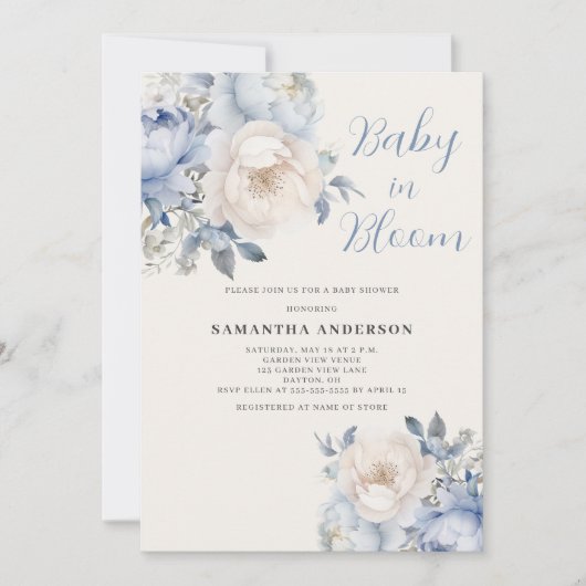 Baby in bloei jongen blauw bloemendouche uitnodigi kaart (Voorkant)
