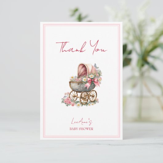 Baby in bloei  koets bloemen baby shower bedankkaart (Staand voorkant)