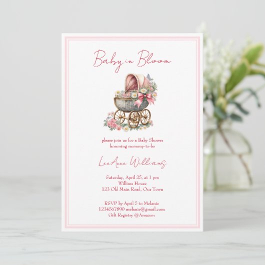 Baby in bloei  koets bloemen baby shower kaart (Staand voorkant)