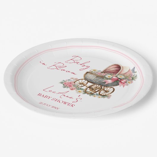 Baby in bloei koets bloemen baby shower papieren bordje (Gekanteld)