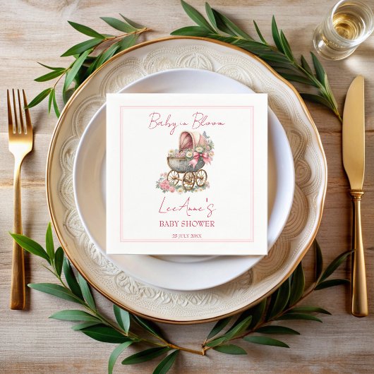 Baby in bloei  koets bloemen baby shower servet