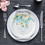 Baby in bloei lente zomer baby shower servies papieren bordje<br><div class="desc">Baby in bloei lente zomerbloemen baby shower gepersonaliseerd servies sjabloon borden,  pastel blauw en witte boterbloem madeliefjes bloemen voor de lente zomertuin thema baby shower gepersonaliseerde feest borden</div>
