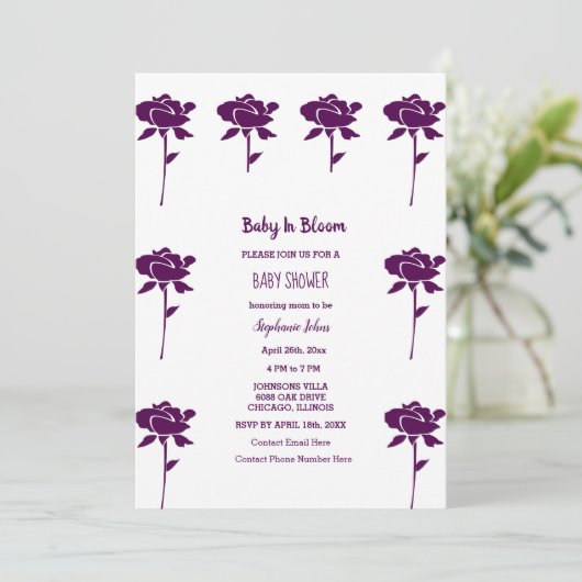 Baby in bloei meisje Baby shower Paarse Roos 2024 Kaart (Staand voorkant)