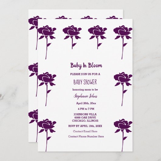 Baby in bloei meisje Baby shower Paarse Roos 2024 Kaart (Voorkant / Achterkant)