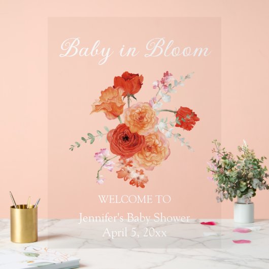 baby in bloei oranje bloemenbloem baby shower welk acryl bord (Huwelijk)