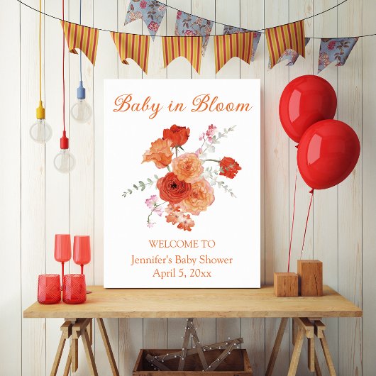 baby in bloei oranje botanische baby shower welkom poster