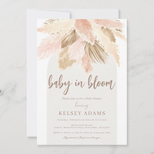 Baby in bloei pampas boho baby shower Uitnodiging (Voorkant)