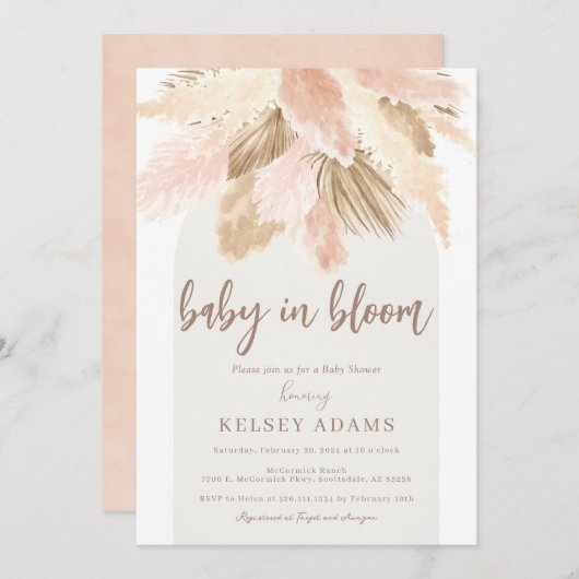Baby in bloei pampas boho baby shower Uitnodiging (Voorkant / Achterkant)