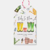 Baby in bloei rode regenlaarzen tuinieren cadeaulabel (Voorkant)