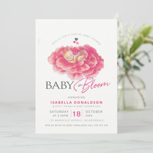 Baby in bloei roze bloem baby shower uitnodigingen (Staand voorkant)