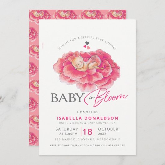 Baby in bloei roze bloem baby shower uitnodigingen (Voorkant / Achterkant)