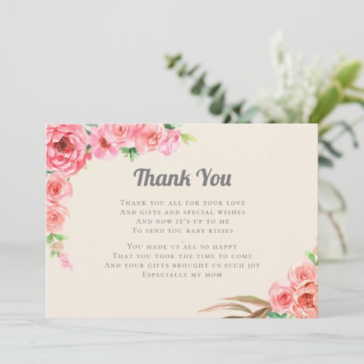 Baby in bloei roze bloemen Baby shower dank u Kaart (Staand voorkant)