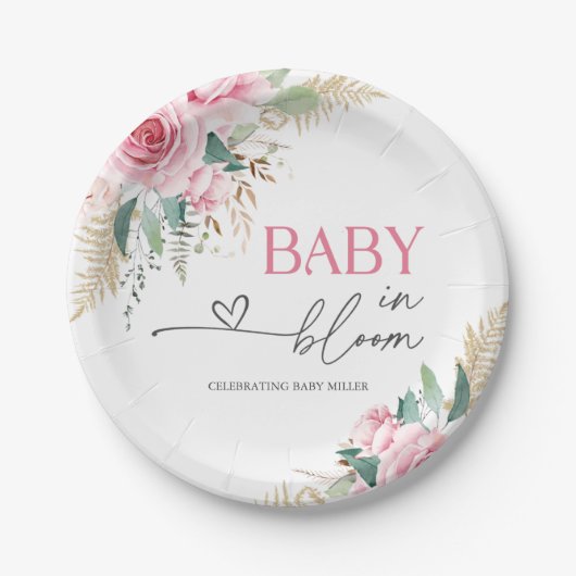 Baby in bloei roze bloemen Baby shower papier Bord (Voorkant)