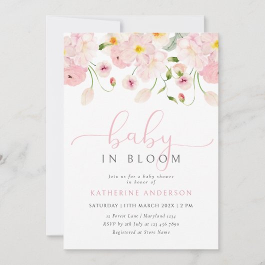 Baby in bloei roze bloemen Baby shower uitnodiging (Voorkant)