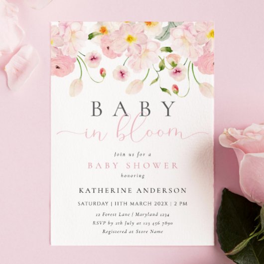 Baby in bloei roze bloemen Baby shower uitnodiging