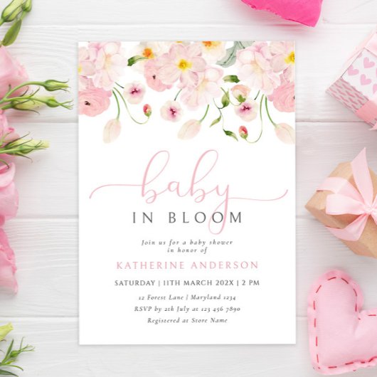 Baby in bloei roze bloemen Baby shower uitnodiging