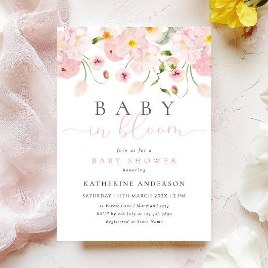 Baby in bloei roze bloemen Baby shower uitnodiging