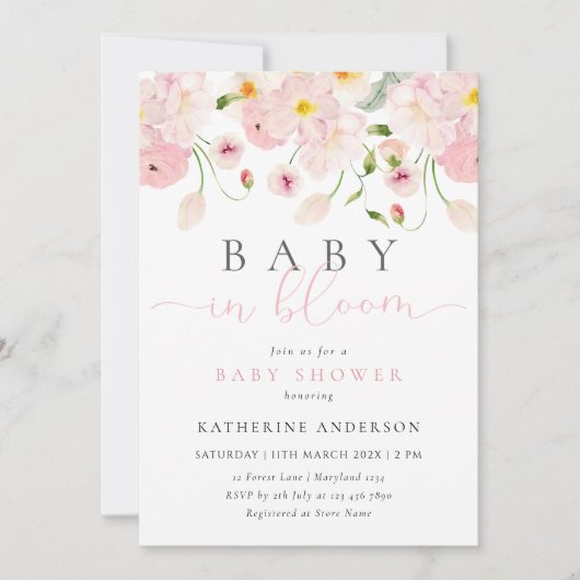 Baby in bloei roze bloemen Baby shower uitnodiging (Voorkant)