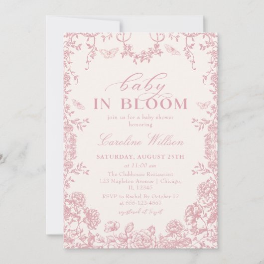 Baby in bloei roze bloemen chinoiserie baby shower kaart (Voorkant)