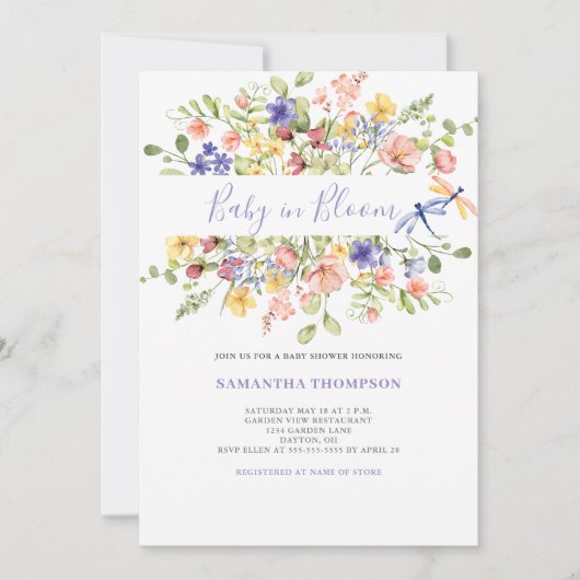 Baby in bloei roze bloemendouche uitnodiging (Voorkant)