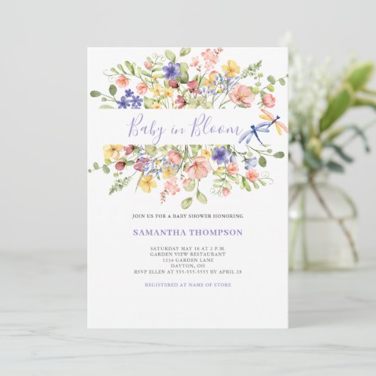 Baby in bloei roze bloemendouche uitnodiging (Staand voorkant)