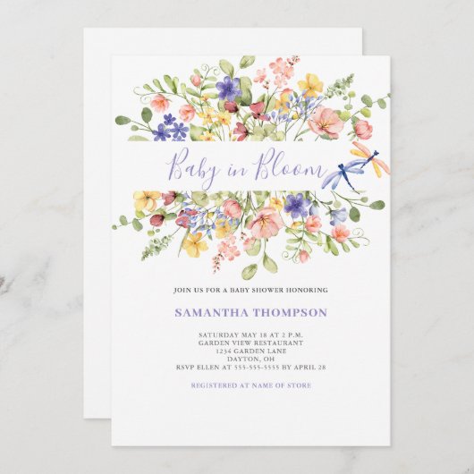 Baby in bloei roze bloemendouche uitnodiging (Voorkant / Achterkant)