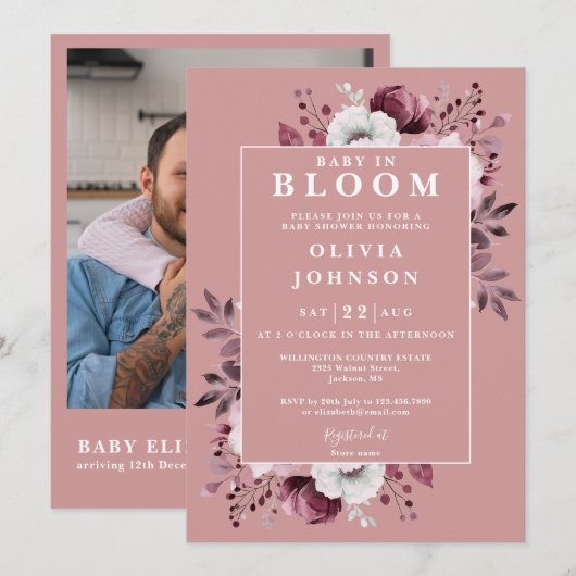 Baby in bloei roze bloemenfoto QR Baby shower Kaart (Voorkant / Achterkant)