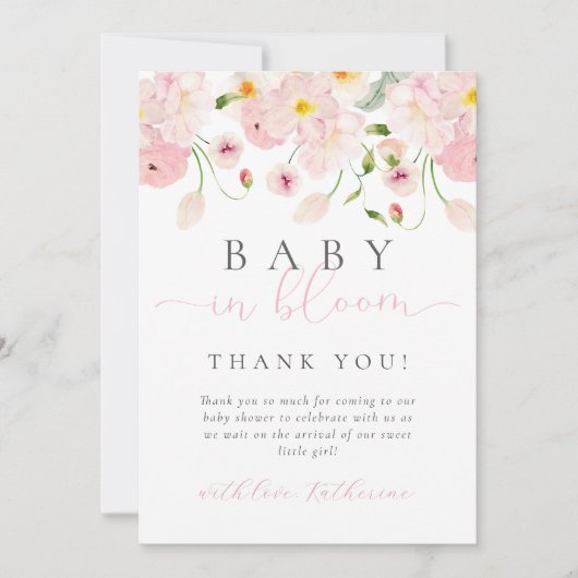 Baby in bloei roze bloemig Baby shower Bedankkaart (Voorkant)