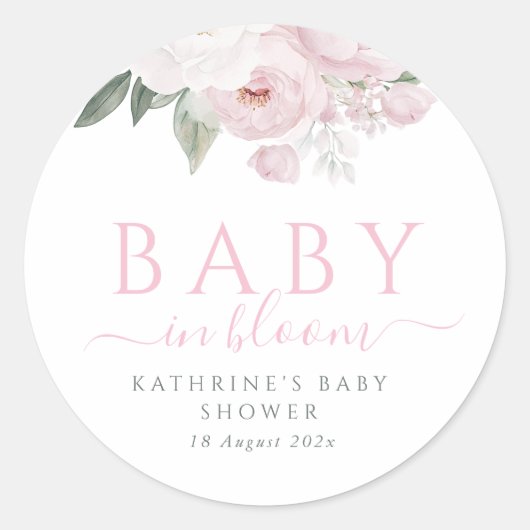 baby in bloei roze bloemig baby shower ronde sticker (Voorkant)