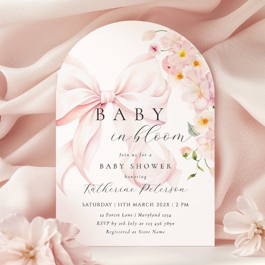 Baby in bloei roze boog Baby shower uitnodiging