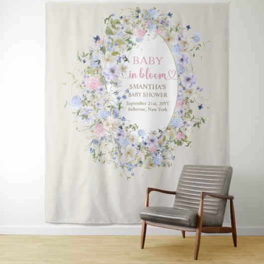 Baby in bloei roze paarse blauwe boho Wildbloemen Wandkleed (In situ)