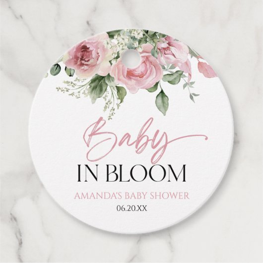 Baby in bloei roze roos bloemig Baby shower Bedankjes Labels (Voorkant)
