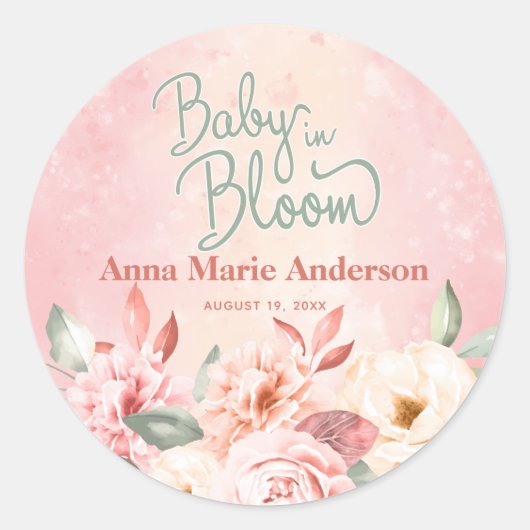 Baby in bloei roze Waterverf bloemig Baby shower Ronde Sticker (Voorkant)