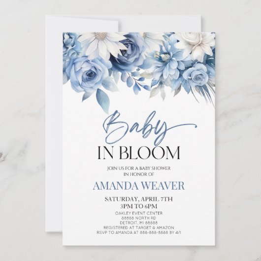 Baby in bloei stoffig blauw bloembloem Baby shower Kaart (Voorkant)