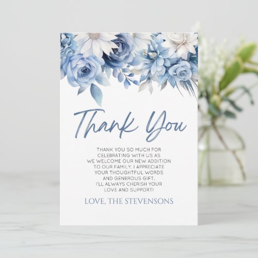 Baby in bloei stoffig blauw bloemig Baby shower Bedankkaart (Staand voorkant)