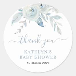 baby in bloei stoffig blauw bloemig baby shower ronde sticker