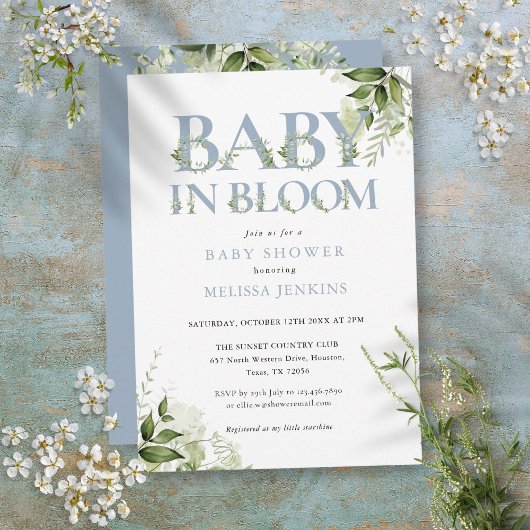 Baby in bloei stoffig blauw groen Baby shower Kaart