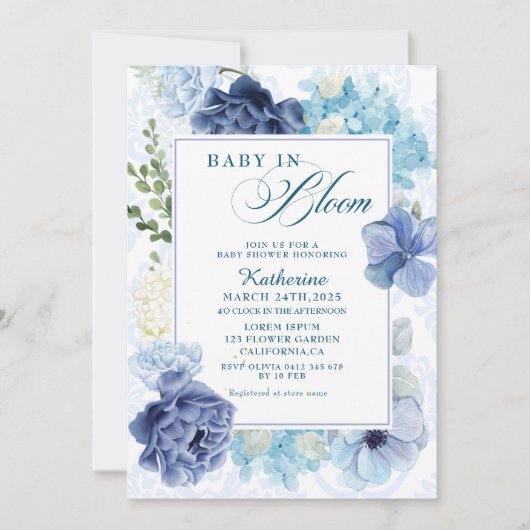 Baby in bloei waterverf bloemenblauw baby shower kaart (Voorkant)