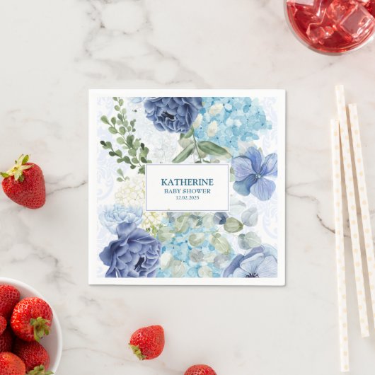 Baby in bloei waterverf bloemenblauw baby shower servet (Insitu)