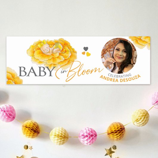 Baby in bloei waterverf geel foto baby shower poster
