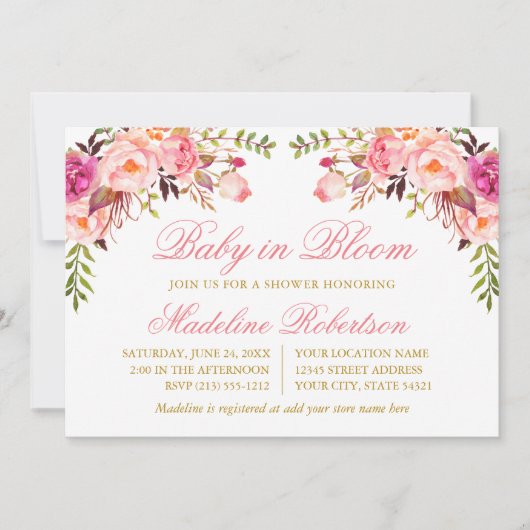 Baby in bloei Waterverf roze bloemendouche Kaart (Voorkant)