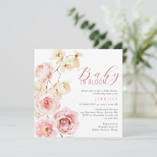 Baby in bloei Waterverf roze bloemig Baby shower Kaart (Staand voorkant)
