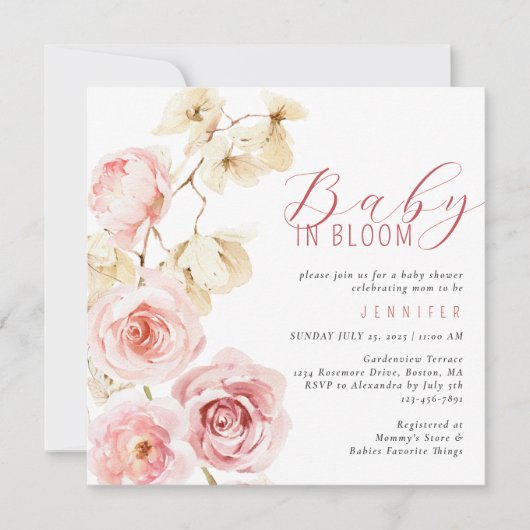 Baby in bloei Waterverf roze bloemig Baby shower Kaart (Voorkant)