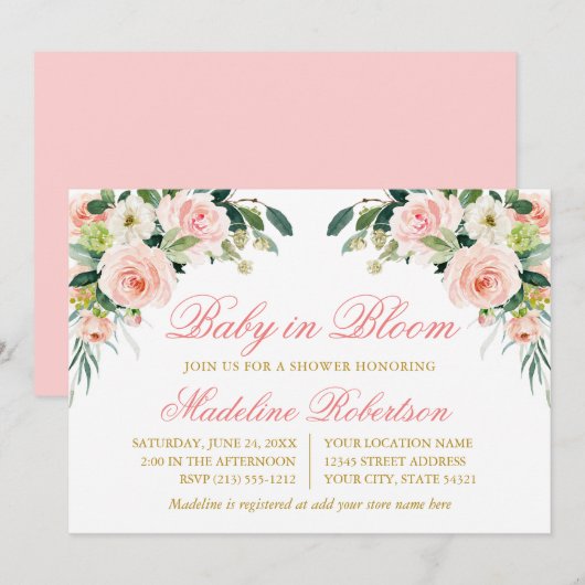 Baby in bloei Waterverf roze wit bloemendouche Kaart (Voorkant / Achterkant)