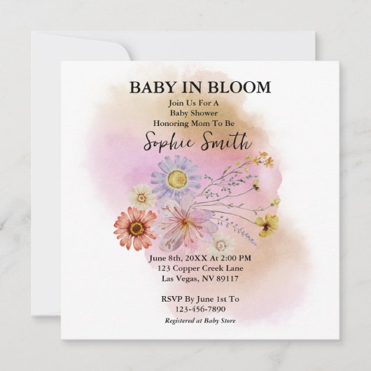 Baby in bloei Wildflower Baby shower Uitnodiging (Voorkant)