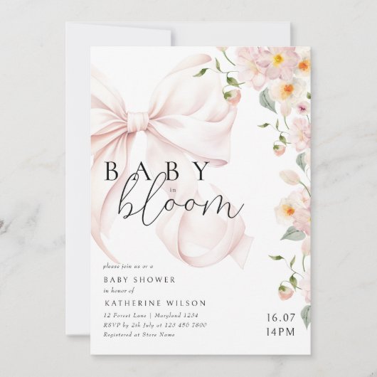 Baby in bloei zacht roze boog Baby shower uitnodig Kaart (Voorkant)