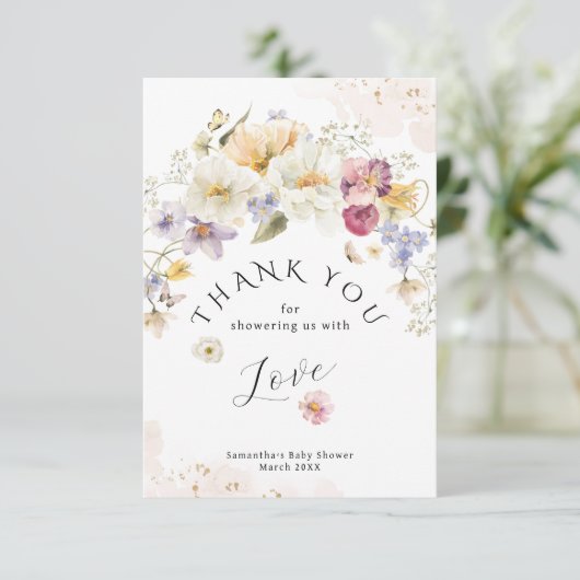 Baby in bloem Wildflower Rustisch Baby shower Bedankkaart (Staand voorkant)