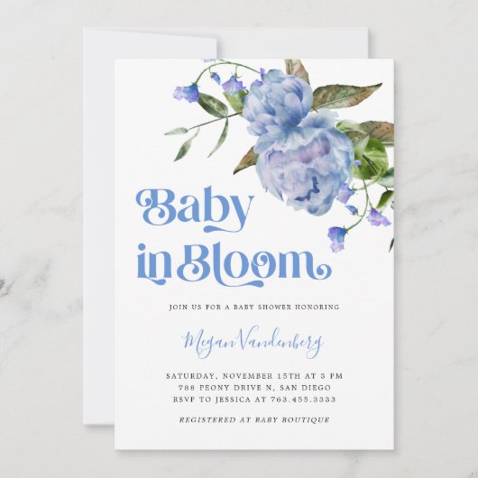 Baby in bloemenblauw bloemenuitnodiging kaart (Voorkant)